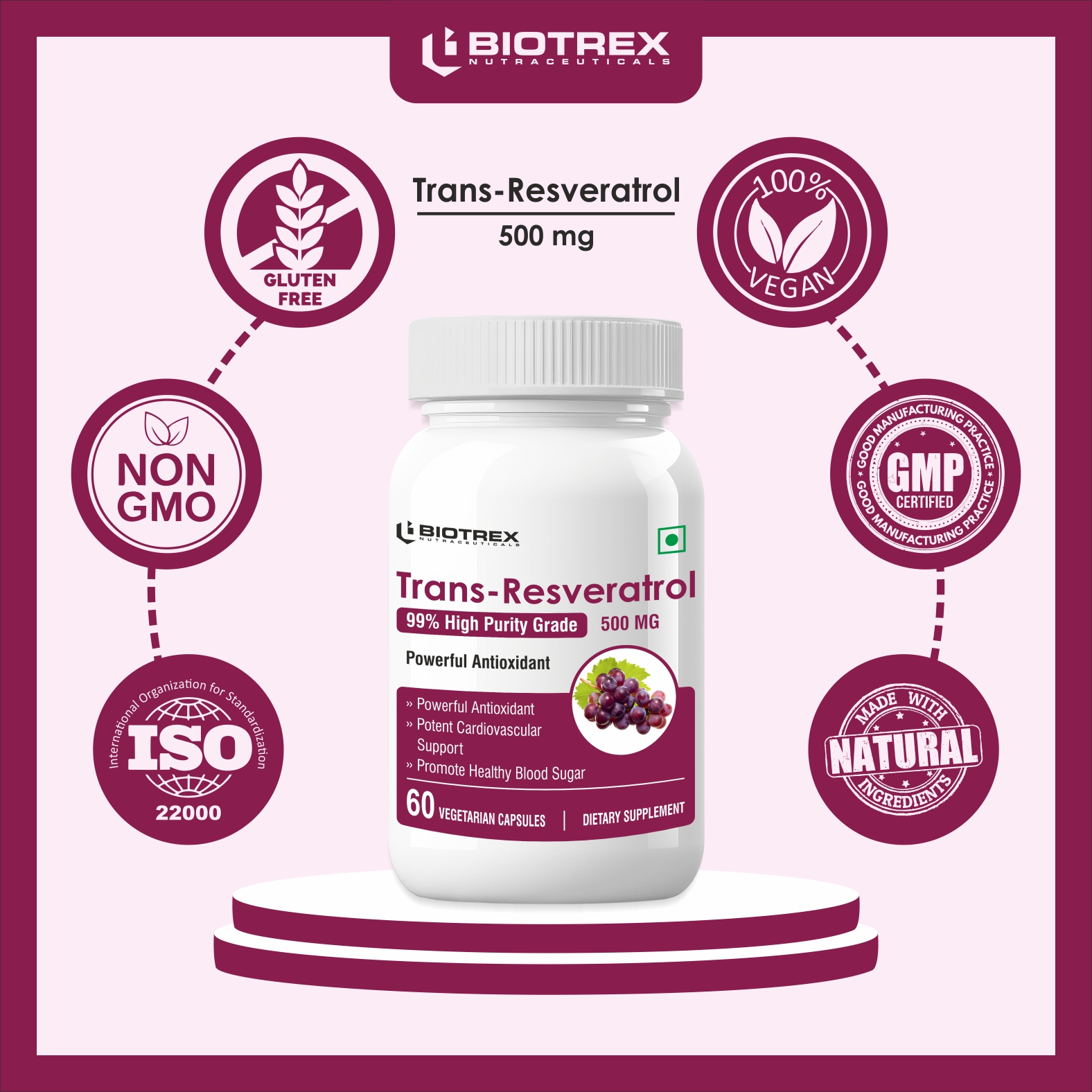 Biotrex Nutraceuticals Trans Resveratrol 500mg | 99% High Purity Grade | Grape Skin Extract | Supports Blood Sugar Levels & Healthy Heart | 60 Veg Capsules