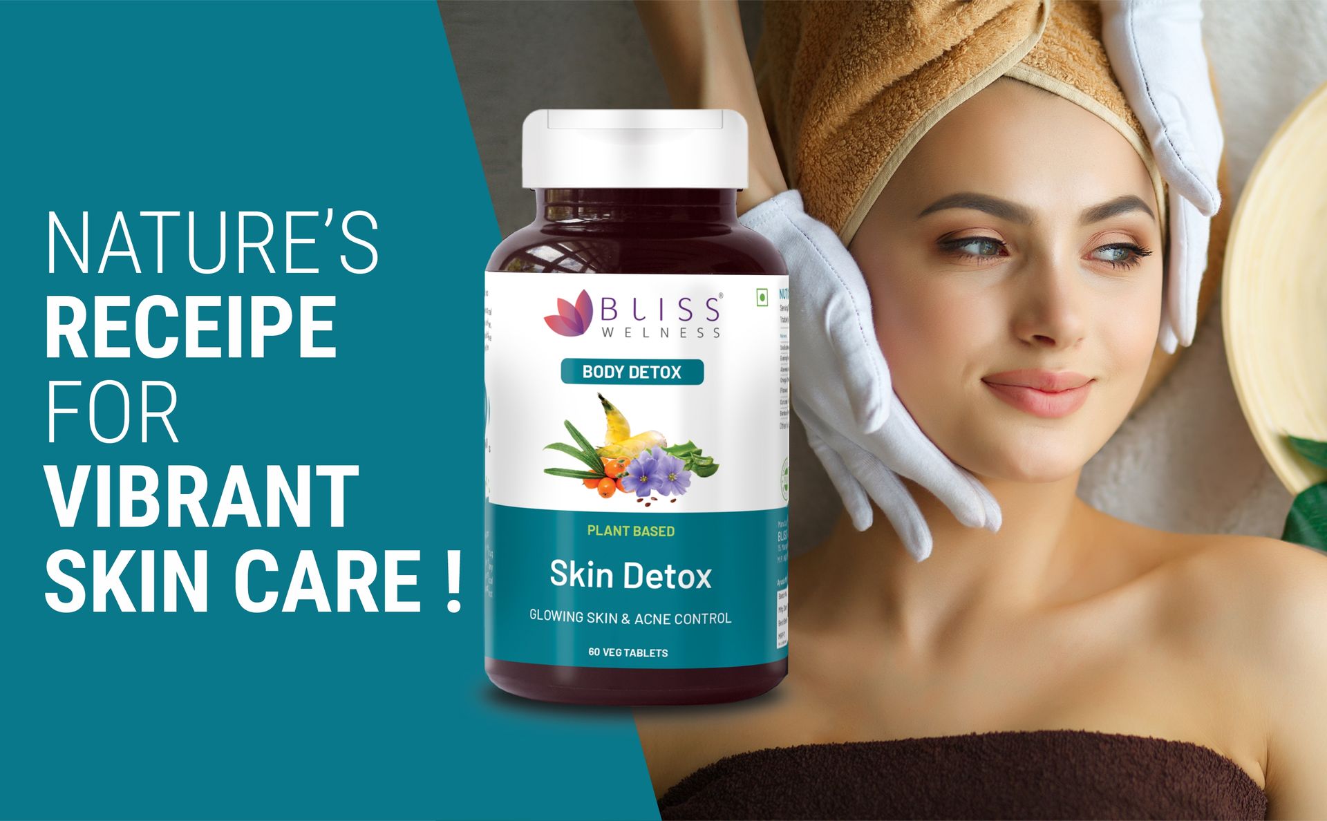Bliss Welness Skin Detox | Blood Purification & Radiant Glow | Enriched with Sea Buckthorn, Evening Primrose, Aloe Vera, Omega 3, Curcumin, Neem & More | Fights Acne & Removes Toxins - 60 Veg Tablets.