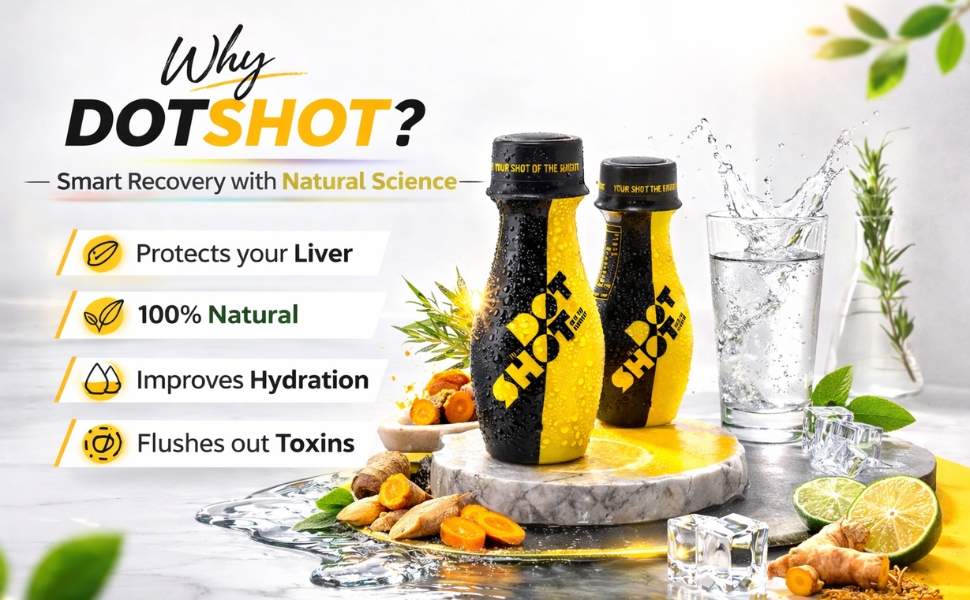 DOT SHOT Anti Hangover Shot for After Party Recovery | 100% Vegan Liver Detox Drink | Clinically Proven Shots with Turmeric, Vitamins & Electrolyte | No Side Effects | Pack of 4