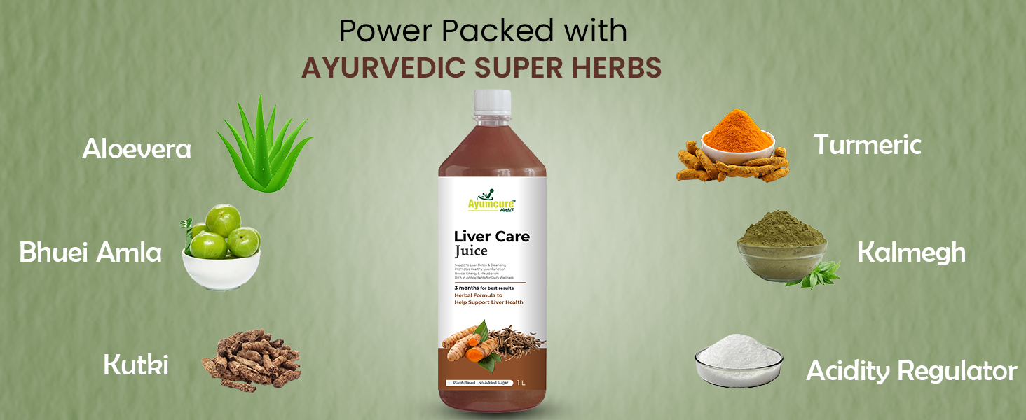 Ayumcure Liver Care Juice | Ayurvedic Liver Support Formula with Aloe Vera, Bhui Amla, Kalmegh, Turmeric, Kasni, Punarnava & Traditional Herbs | Natural Antioxidant Support | Plant-Based Herbal Wellness Drink for Men & Women | 1L