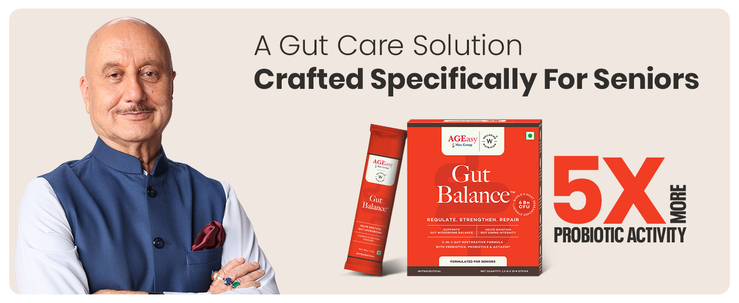 AGEasy x Wellbeing Nutrition Gut Balance for Seniors | Manages Leaky Gut & Microbial Balance | 5X More Probiotic Activity with 6 Billion CFU & Microbac | Fennel Mint Flavour, 15 Sachets (Powder Form)