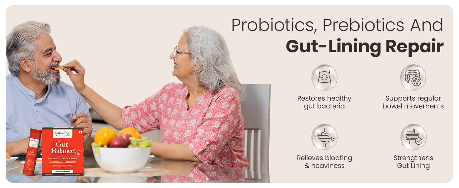 AGEasy x Wellbeing Nutrition Gut Balance for Seniors | Manages Leaky Gut & Microbial Balance | 5X More Probiotic Activity with 6 Billion CFU & Microbac | Fennel Mint Flavour, 15 Sachets (Powder Form)