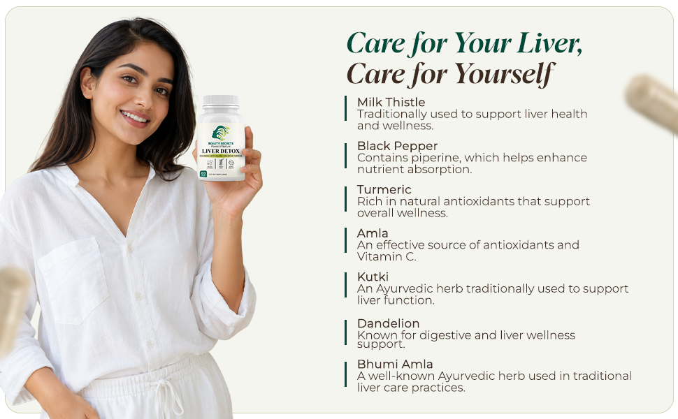 Beauty Secrets Liver Detox Capsules | Milk Thistle, NAC, Dandelion & Kutki | Supports Liver Health, Fatty Liver & Digestion | Clinical Dose, No Fillers | 60 veg Capsules