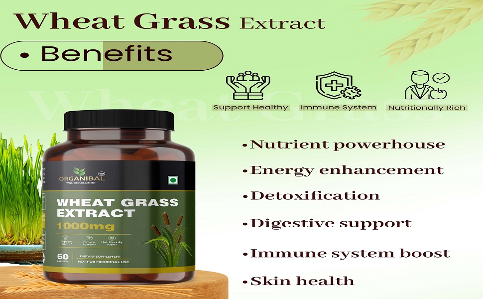 Natural Wheat Grass Capsules (60 Capsules, 1000mg) - Natural Antioxidant Superfood, Supports Healthy Joints, Immunity Booster, Non-GMO, Vegan