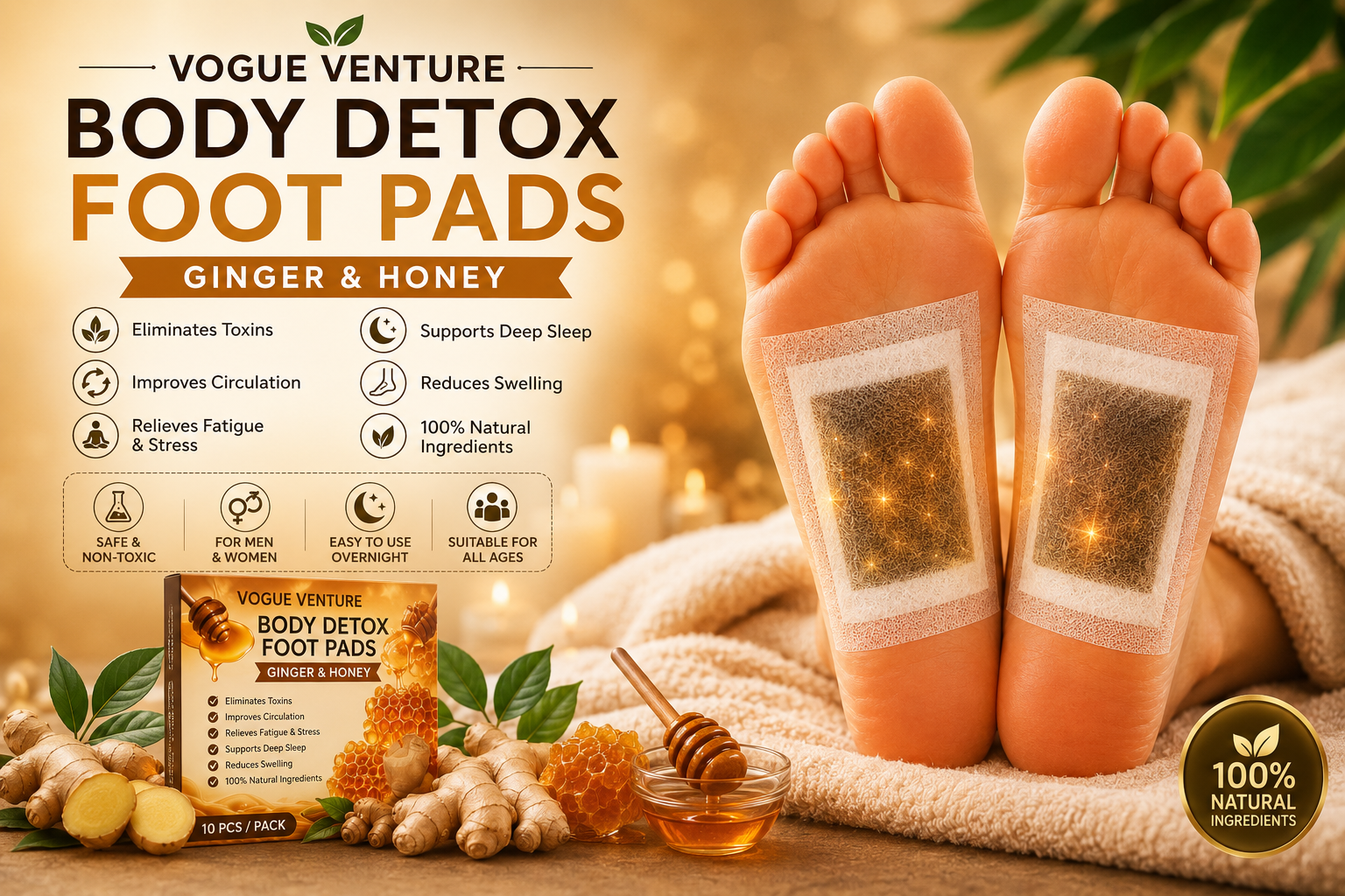 VOGUE VENTURE Ginger Detox Foot Patches – Herbal Lymphatic Drainage Pads for Deep Sleep & Stress Relief | Overnight Foot Patch for Relaxation & Wellness | Natural Detox Foot Pads for Men & Women