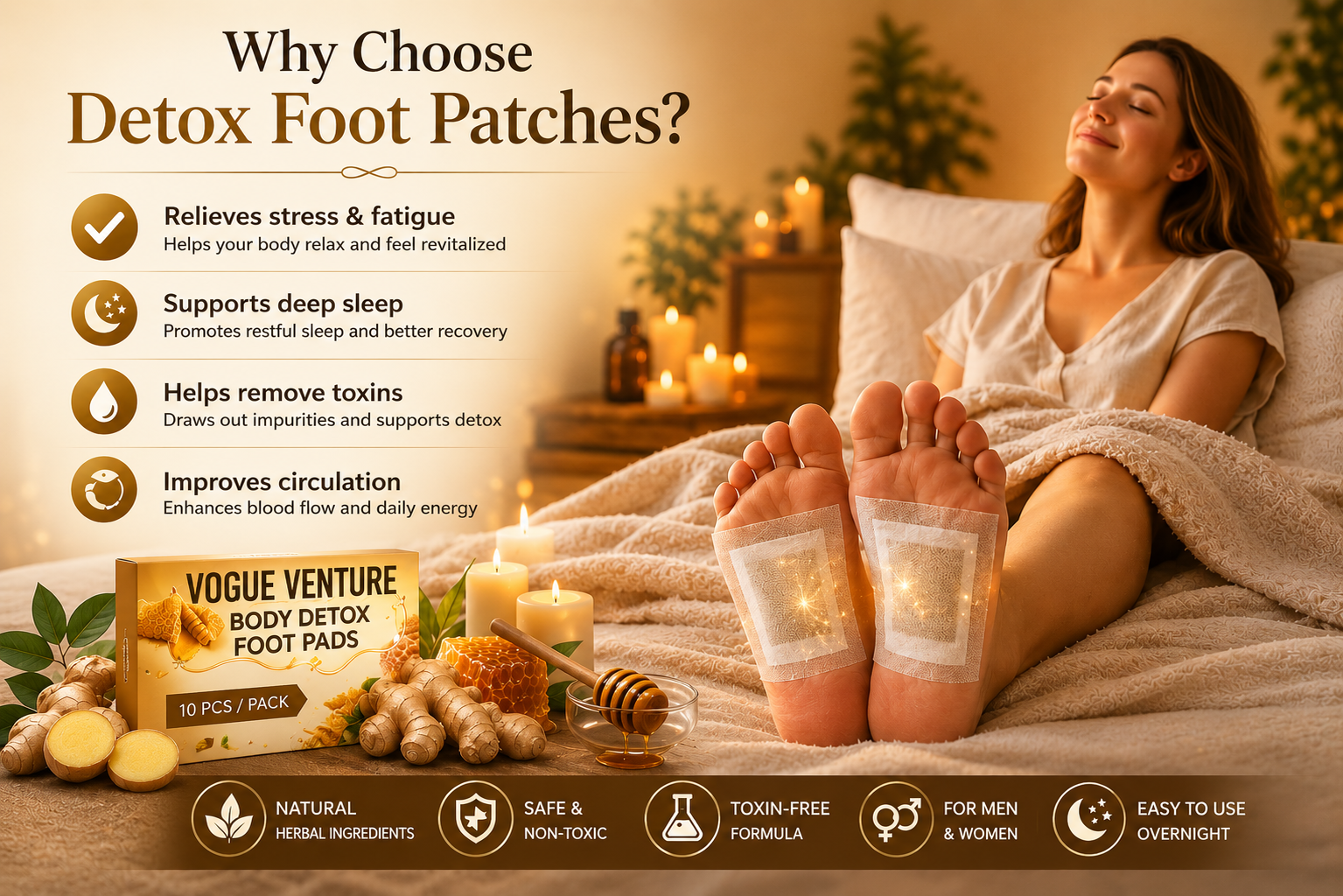 VOGUE VENTURE Ginger Detox Foot Patches – Herbal Lymphatic Drainage Pads for Deep Sleep & Stress Relief | Overnight Foot Patch for Relaxation & Wellness | Natural Detox Foot Pads for Men & Women
