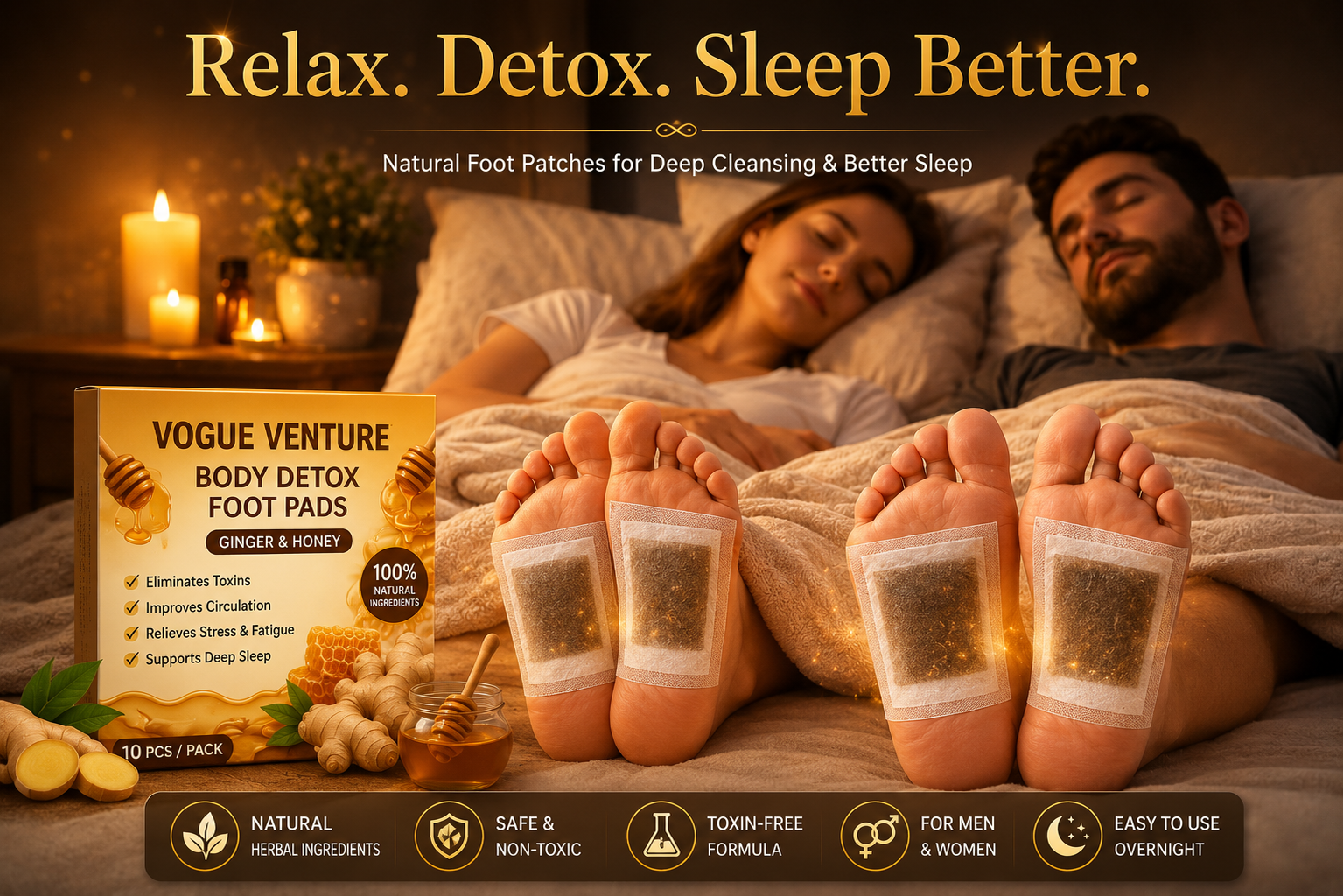 VOGUE VENTURE Ginger Detox Foot Patches – Herbal Lymphatic Drainage Pads for Deep Sleep & Stress Relief | Overnight Foot Patch for Relaxation & Wellness | Natural Detox Foot Pads for Men & Women