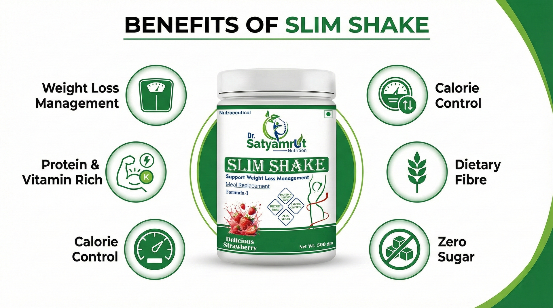 DR SATYAMRUT NUTRITION Slim Shake Formula-1 With Weight Loss & Fitness Support For Meal Replacement | Low Calorie | | No Added Sugar | High Protein | Body Detoxify - Delicious – (500gm) (STAWBERRY)