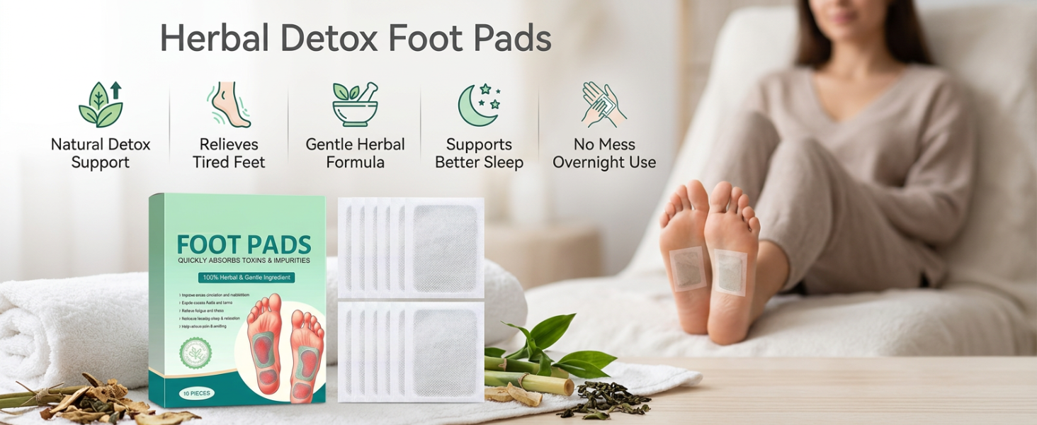 Herbal Detox Foot Pads with Bamboo Vinegar Natural Gentle Ingredients Foot Patch for Night Use Relaxation Sleep Support Pain Relief and Daily Toxin Cleansing (Pack Of 1)