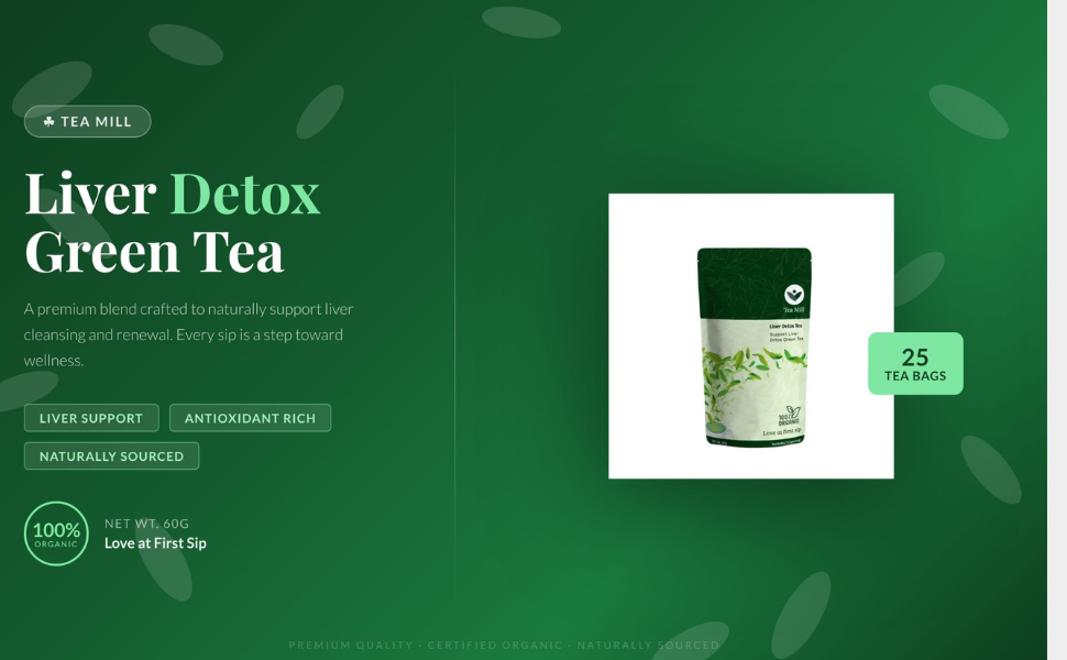 Tea Mill Detox Green Tea 60g – Herbal Liver Cleanse & Antioxidant Rich Natural Detox Infusion | Peppermint, Chamomile, Cinnamon, Ginger & Turmeric Blend | Hot & Cold Brew Wellness Tea