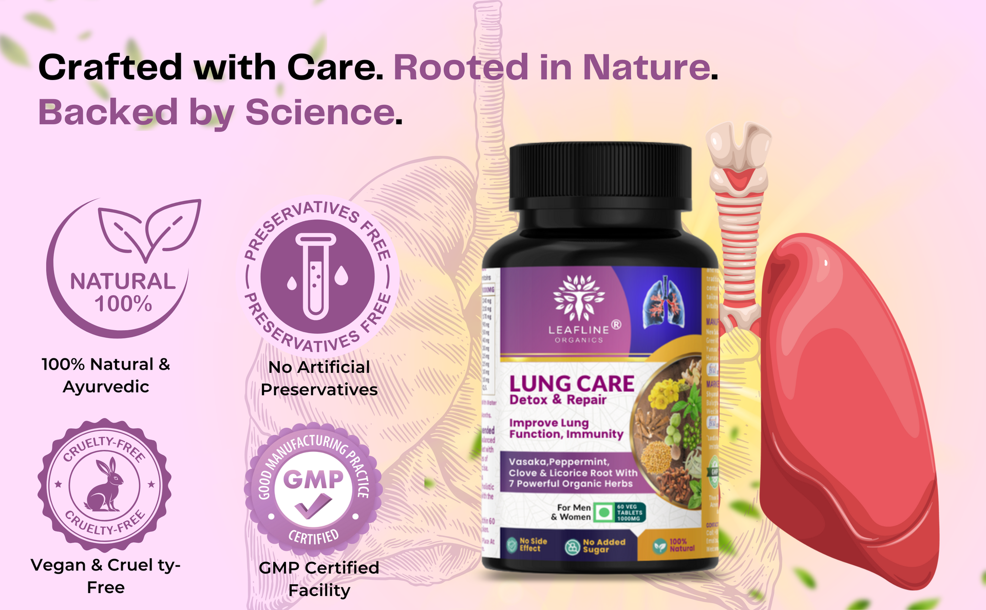Leafline Lung Detox & Repair With Vitamin-C, Vasaka, Mullein, Tulsi | Improves lung Function, Reduce Cough | Clears Mucus, Pollution, Smoke Tar | 1000Mg 60 Veg Tablet | Advance Lung Health Supplements For Men & Women