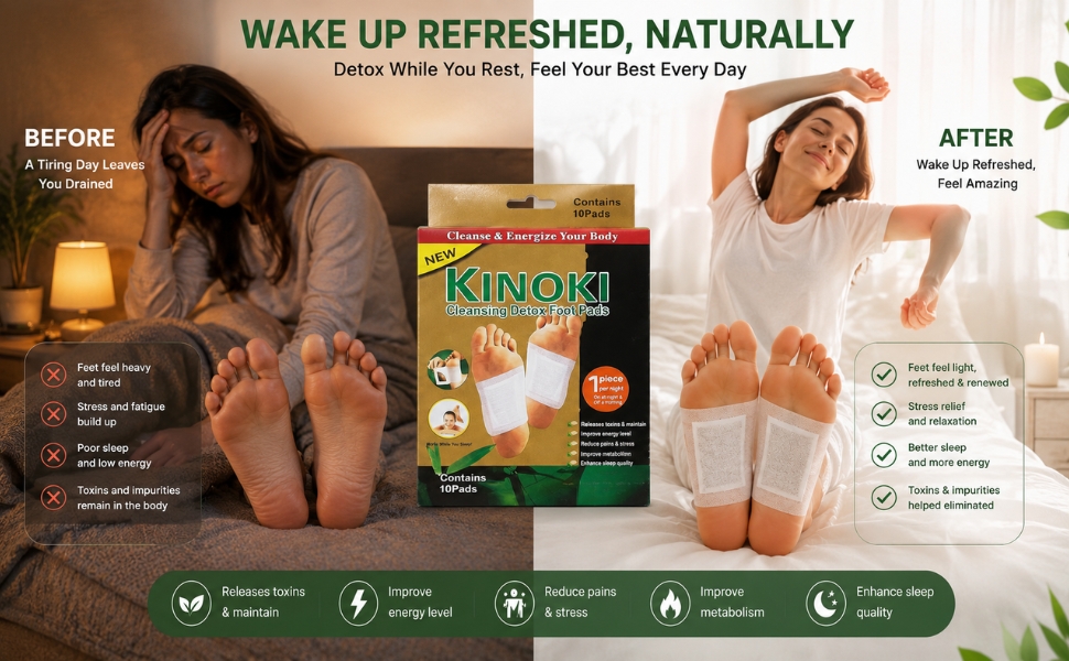 Kinoki Detox Foot Pad - Pack of 10 | Night Use Adhesive Foot Patches Comfortable Foot Care Pads for Relaxation and Daily Wellness Routine Easy to Use Foot Stickers