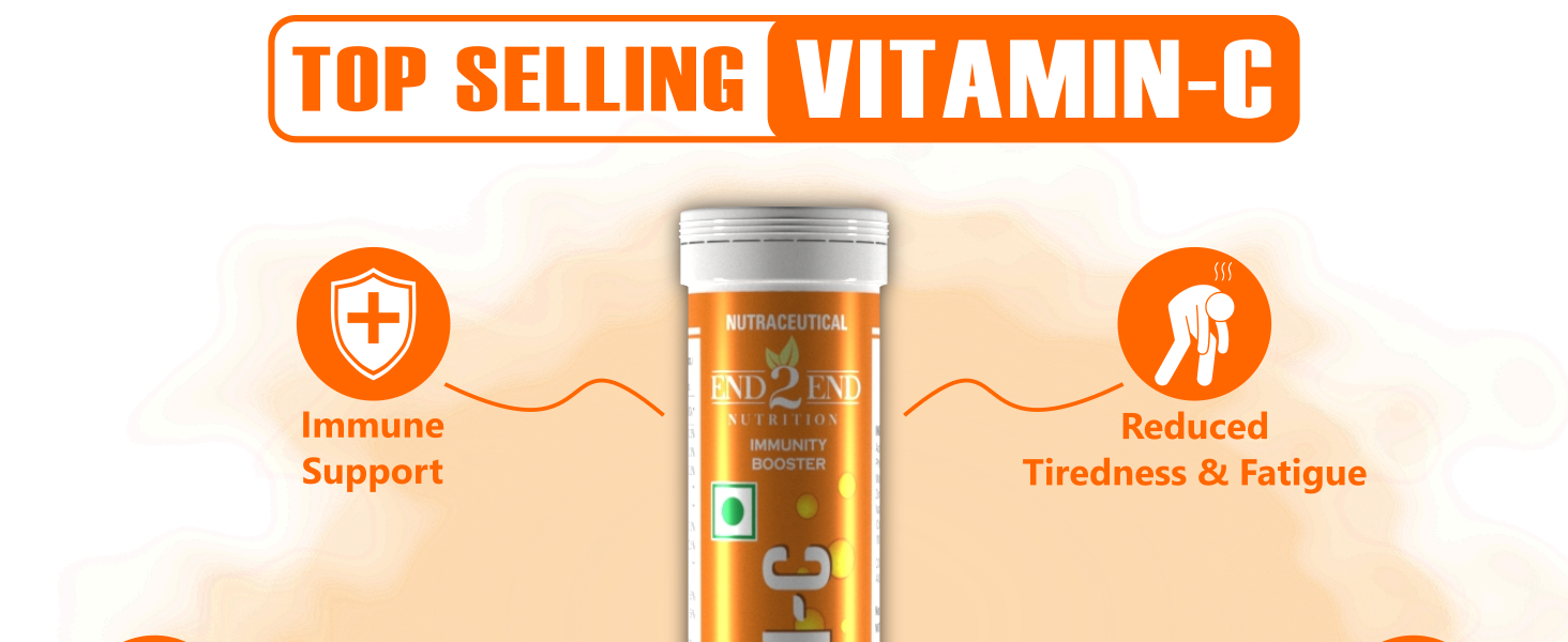 End2End Nutrition Natural Vitamin C - Amla Extract + Zinc for Immunity | Helps to Boost Collagen for Healthy Skin, Hair & Nails | Orange Flavour - (Pack of 3) 60 Effervescent Tablets