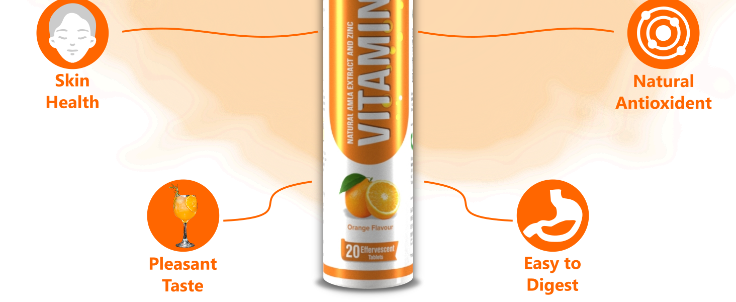 End2End Nutrition Natural Vitamin C - Amla Extract + Zinc for Immunity | Helps to Boost Collagen for Healthy Skin, Hair & Nails | Orange Flavour - (Pack of 3) 60 Effervescent Tablets