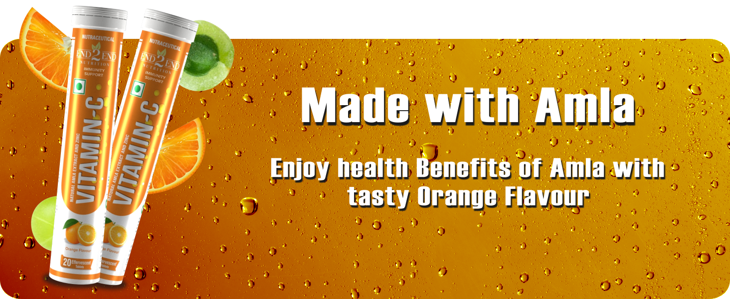 End2End Nutrition Natural Vitamin C - Amla Extract + Zinc for Immunity | Helps to Boost Collagen for Healthy Skin, Hair & Nails | Orange Flavour - (Pack of 3) 60 Effervescent Tablets