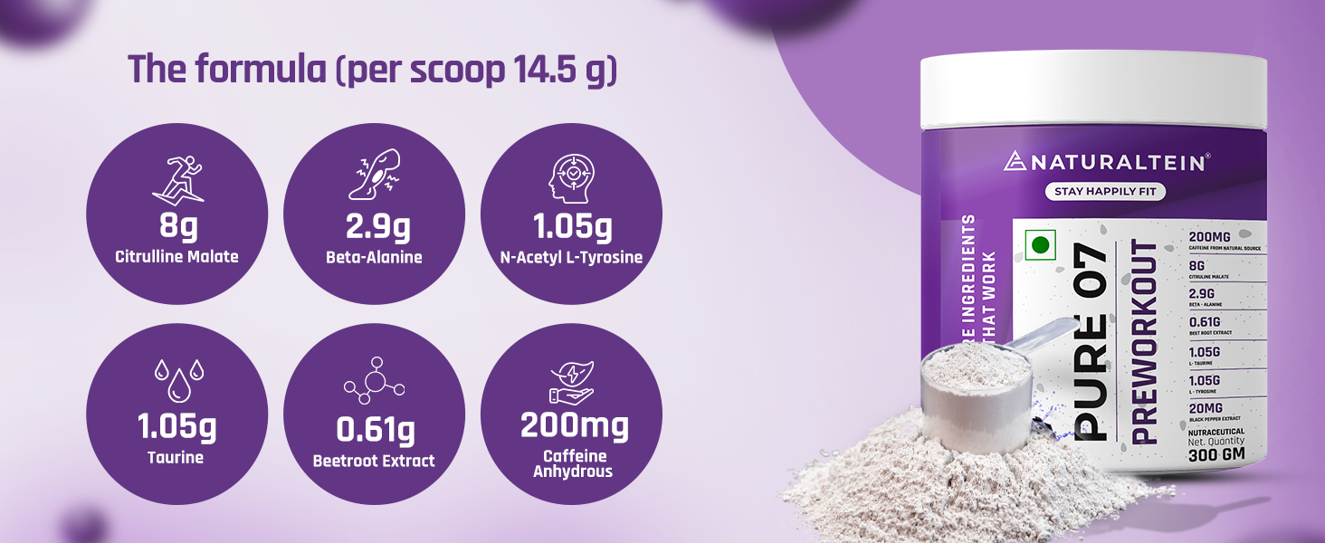 NATURALTEIN PURE-07 Vegan Pre-Workout – Blueberry Blast | Clean Energy & Focus | 300g Powder | 21 Power-Packed Servings