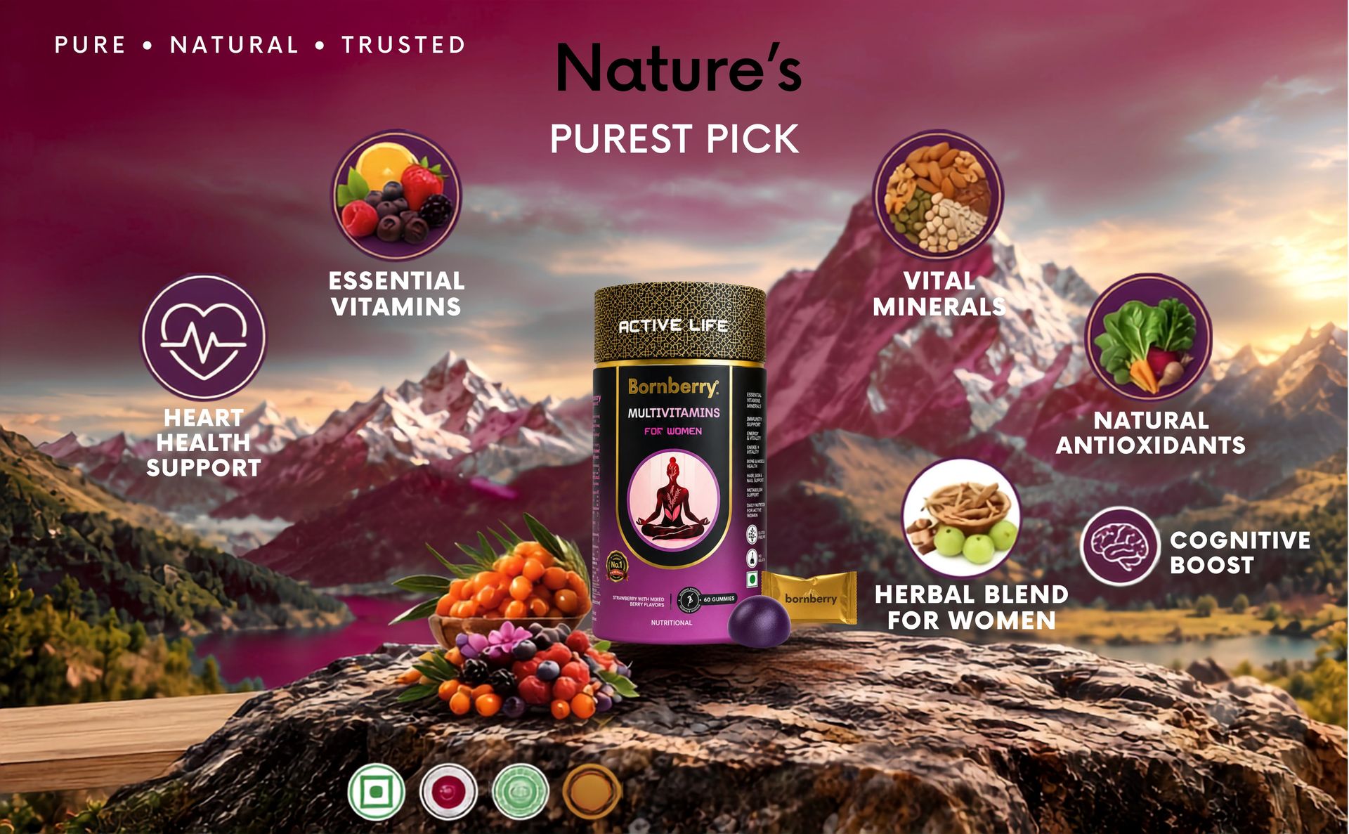 Multivitamins for Women Gummies | 15 Vitamins & 8 Minerals | With Glutathione, Vitamin C, Biotin, Zinc & Iodine | Strawberry with Mixed Berry Flavour | No Added Sugar | 60 Gummies