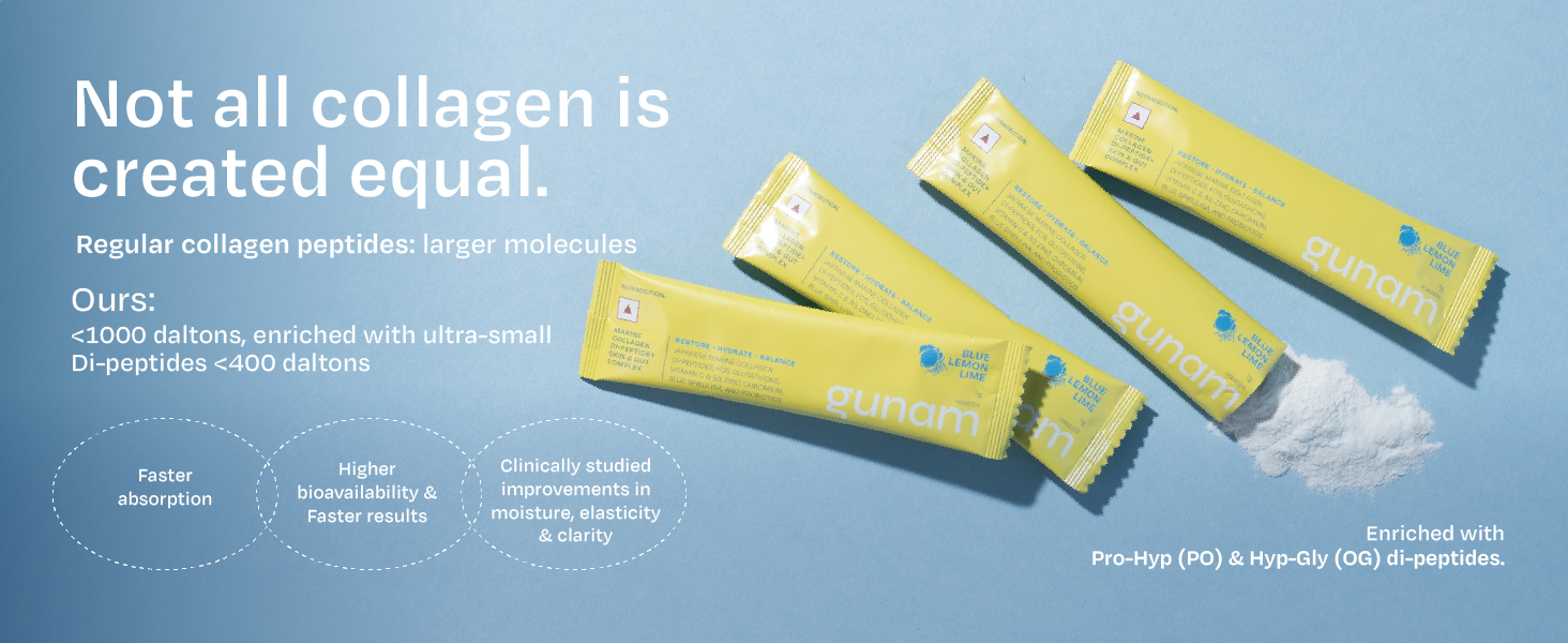 Gunam Marine Collagen Di-Peptide + Skin & Gut Complex (Pack of 2) | Japanese Marine Collagen | FOS, Glutathione, Vit C & B3, Zinc, Probiotics | Skin, Hair, Nails, Gut & Joints | Lemon Lime | (15 Sachets each)