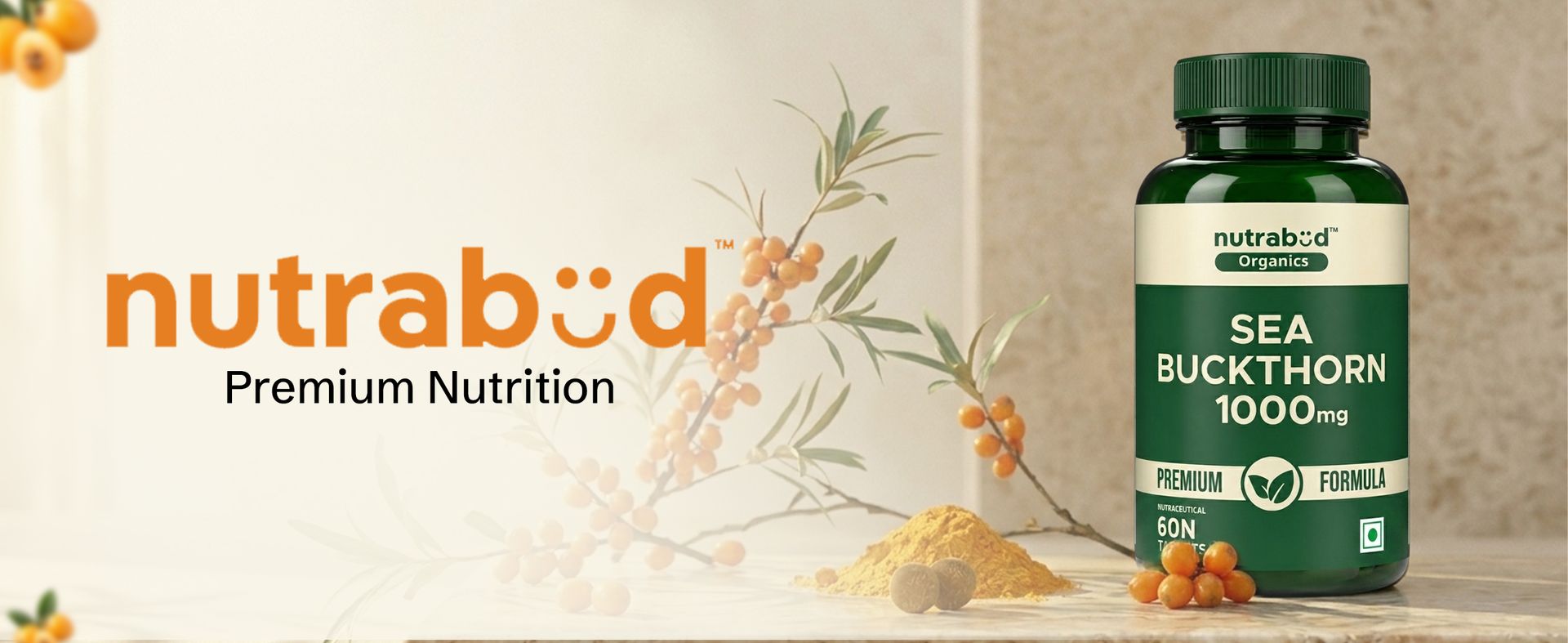 Nutrabud Organics Sea Buckthorn Berry Powder Capsules 1000mg - 60 Veg Tabs - Natural Source of Vitamin-A,C,E,K, Omega-3,6,7,9 & Antioxidants for Skin Glow & Collagen Boost (60 Count (Pack of 1))