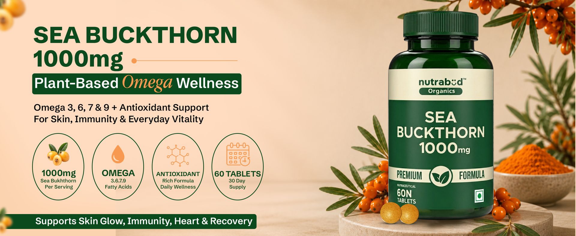 Nutrabud Organics Sea Buckthorn Berry Powder Capsules 1000mg - 60 Veg Tabs - Natural Source of Vitamin-A,C,E,K, Omega-3,6,7,9 & Antioxidants for Skin Glow & Collagen Boost (60 Count (Pack of 1))