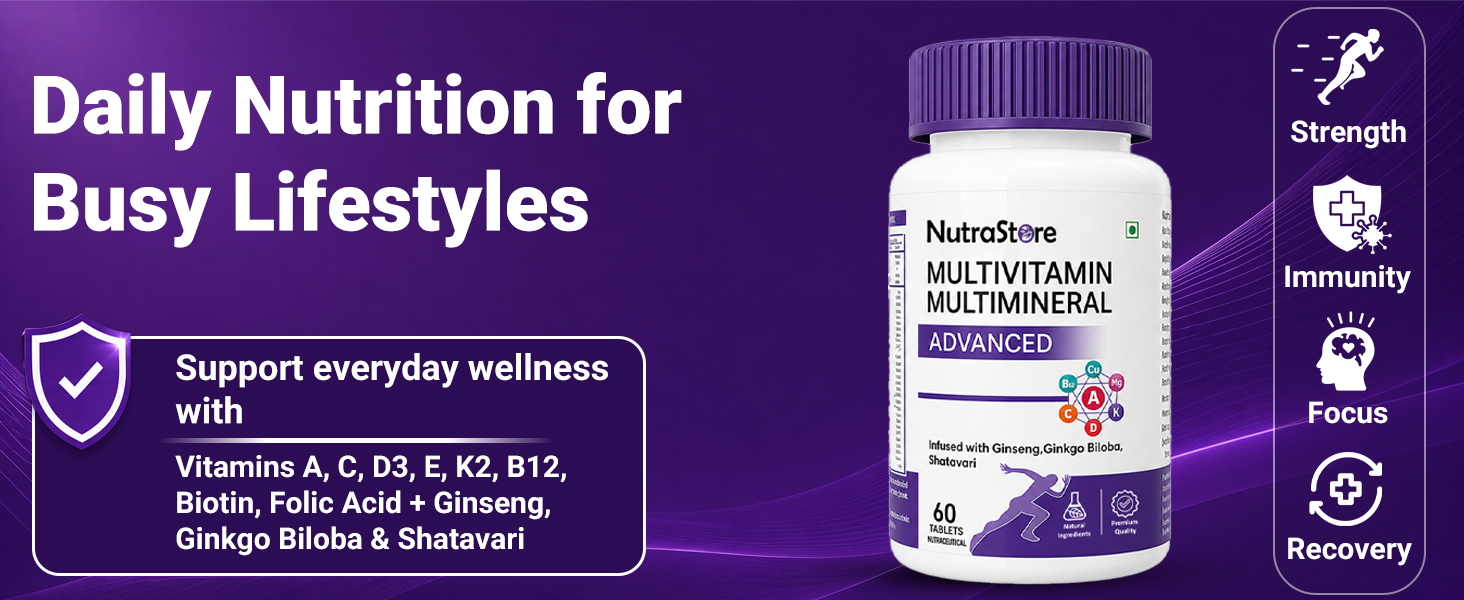 NutraStore Multivitamin Multimineral Advanced Tablets for Men & Women | With Ginseng, Ginkgo Biloba & Shatavari | Vitamins A, C, D3, K2, B12 for Energy, Immunity, Muscle Recovery & Wellness | 60 Veg Tablets