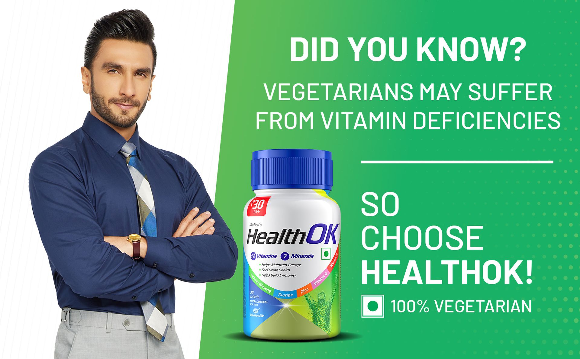 Health Ok Mankind's Multivitamin with Natural Ginseng & Taurine Power; Lemon Flavour,100% Vegetarian (4 x 10 tablets), 200 grams