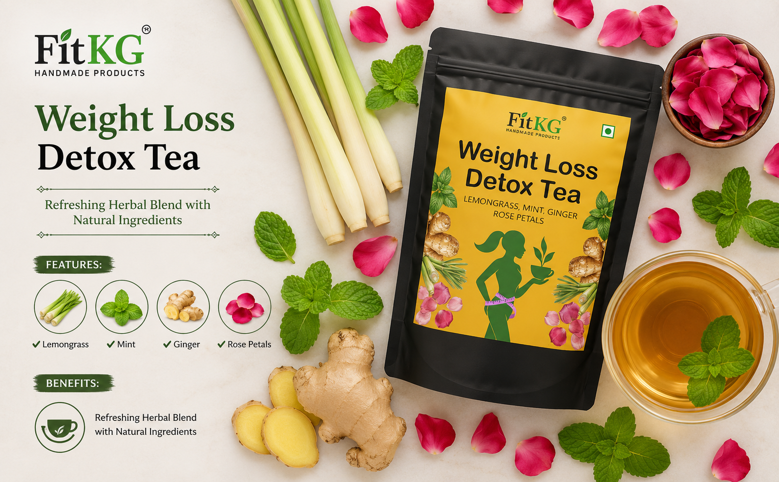 FIT KG HANDMADE PRODUCT Belly Fat Detox Herbal Tea for Weight Management, Natural Blend, 30 Day Detox, for Women and Men