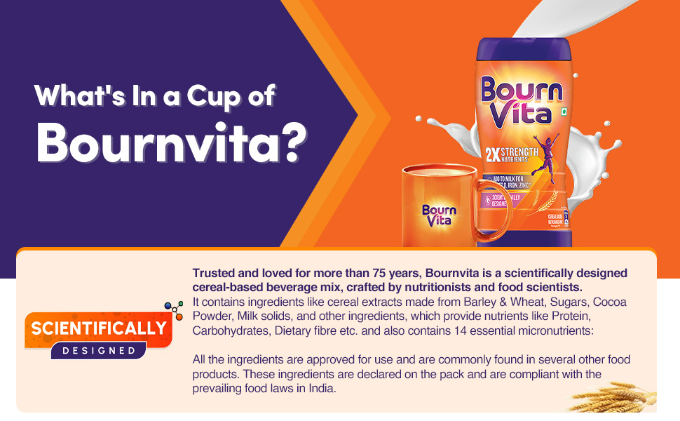 Bournvita Zero Added Sugar Nutrition Drink, 500g Jar | No Added Sugar, No Added Preservatives | 19 Essential Nutrients for Strength