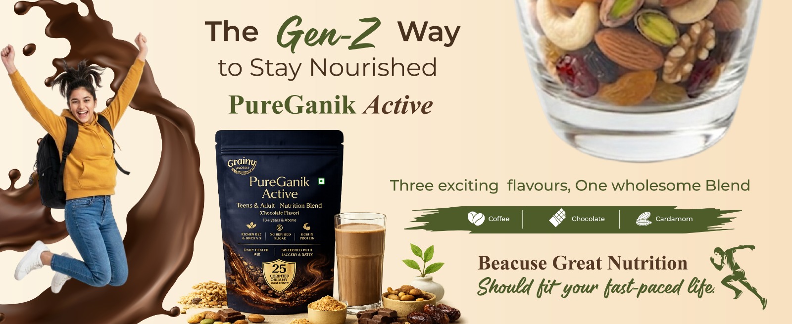 PureGanik Active Teens & Adult | 25 Organic Ingredients | Chocolate Flavor Nutrition Powder | No Refined Sugar | High Protein | Daily Nutrition | Easy to Digest | 400 gm
