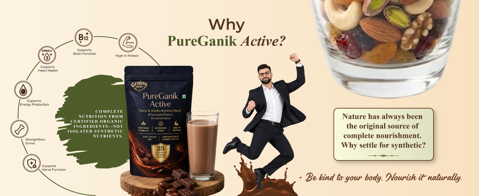 PureGanik Active Teens & Adult | 25 Organic Ingredients | Chocolate Flavor Nutrition Powder | No Refined Sugar | High Protein | Daily Nutrition | Easy to Digest | 400 gm