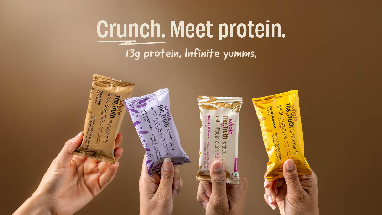 The Whole Truth - Super Crunchy Millet Protein Bars 13G | All In One Pack of 5 (2 Almond Millet, 1 Hazelnut Millet, 1 Mocha Millet, 1 Peanut Millet) | Cleanest Snack Ever | No Refined Sugar