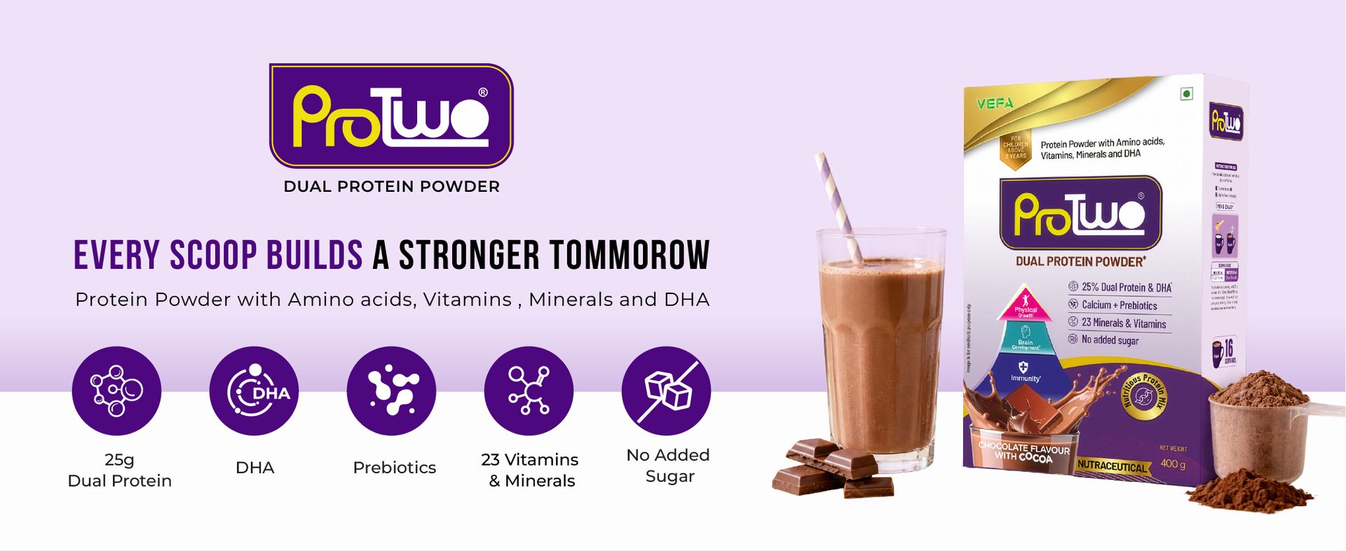 I Protein Powder For Kids I 2+ Years I No Added Sugar I Contains 25% Dual Protein, DHA, Calcium & Prebiotics I Supports Physical Growth, Brain development & Boosts Immunity I Chocolate Flavour I 400g