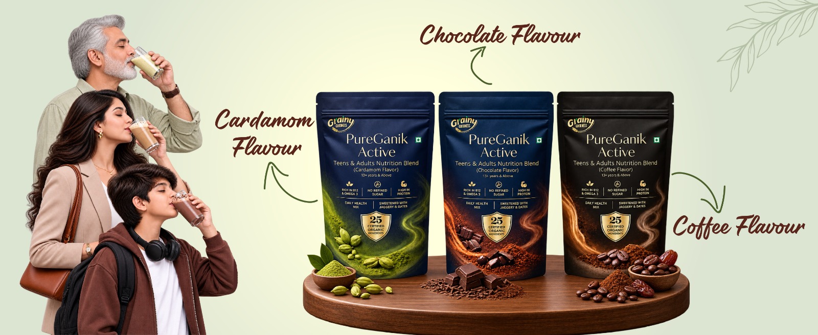 PureGanik Active Teens & Adult | 25 Organic Ingredients | Cardamom Flavor Nutrition Powder | No Refined Sugar | High Protein | Daily Nutrition | Easy to Digest | 400 gm