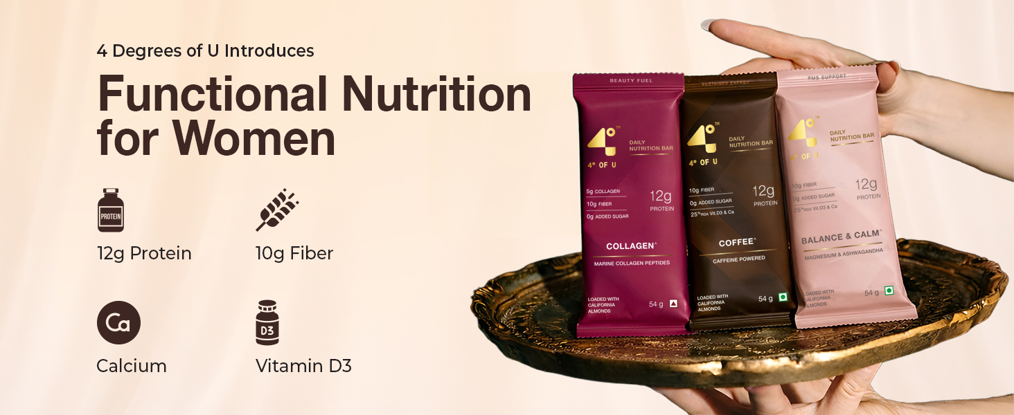 4 Degrees of U Women’s Wellness Protein Bar, Dark Chocolate | 12g Protein with No Added Sugar | 10g High Fibre, Calcium & Vitamin D3, Pack of 1 (54g)