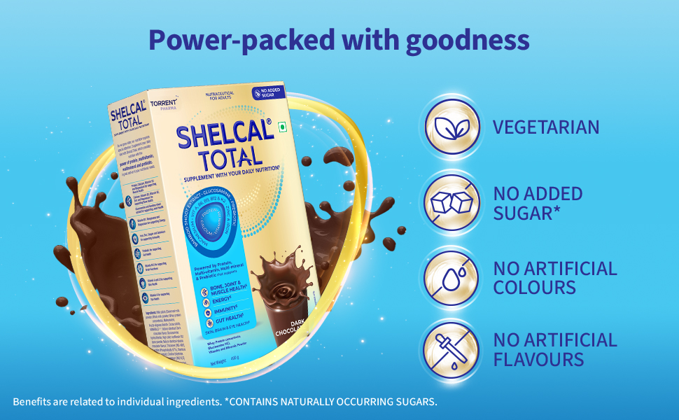 Shelcal Total - Powered by Protein, Multi-Vitamin, Multi-Mineral & Prebiotic supports Bone, Joint & Muscle, Immunity, Gut Health, No Added Sugar (Dark Chocolate) 400g - By Torrent Pharma, Powder