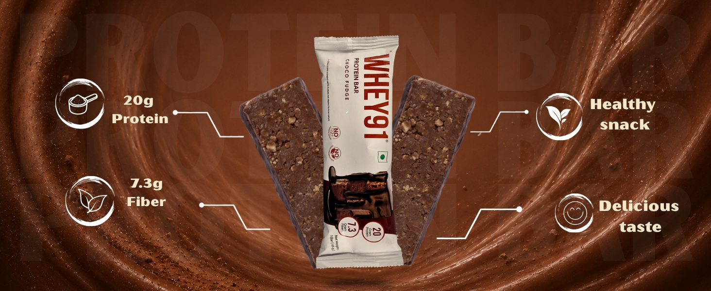 Whey91 Choco Fudge Protein Bar, 20g Protein & 7.3g Fiber in each, No Added Sugar, No Artificial Flavour, 390g- (Pack of 6)