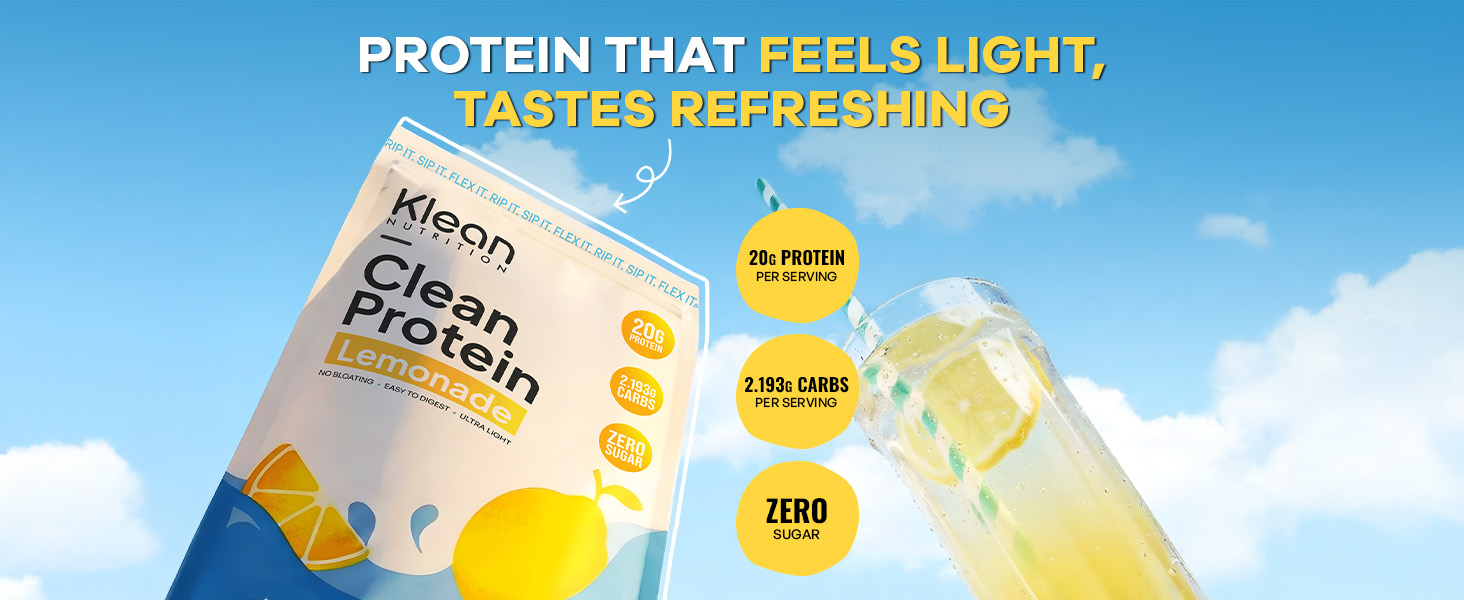 Klean Nutrition Clean Protein/Lemonade Flavour/20 g Complete Protein Per Serving/Light & Easy to Gut/Non-Bloating/Ultra Light