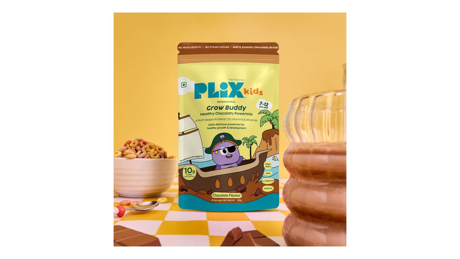 PLIX™ Kids GrowBuddy Chocolaty Powermix | 7g Protein | 20 Vitamins & Minerals | Ragi & Bajra | Supports Overall Health & Development | Healthier Growth & Stronger Bones | Best Protein Powder for Kids | Chocolate Flavour | 2+ Years (Pack of 1)