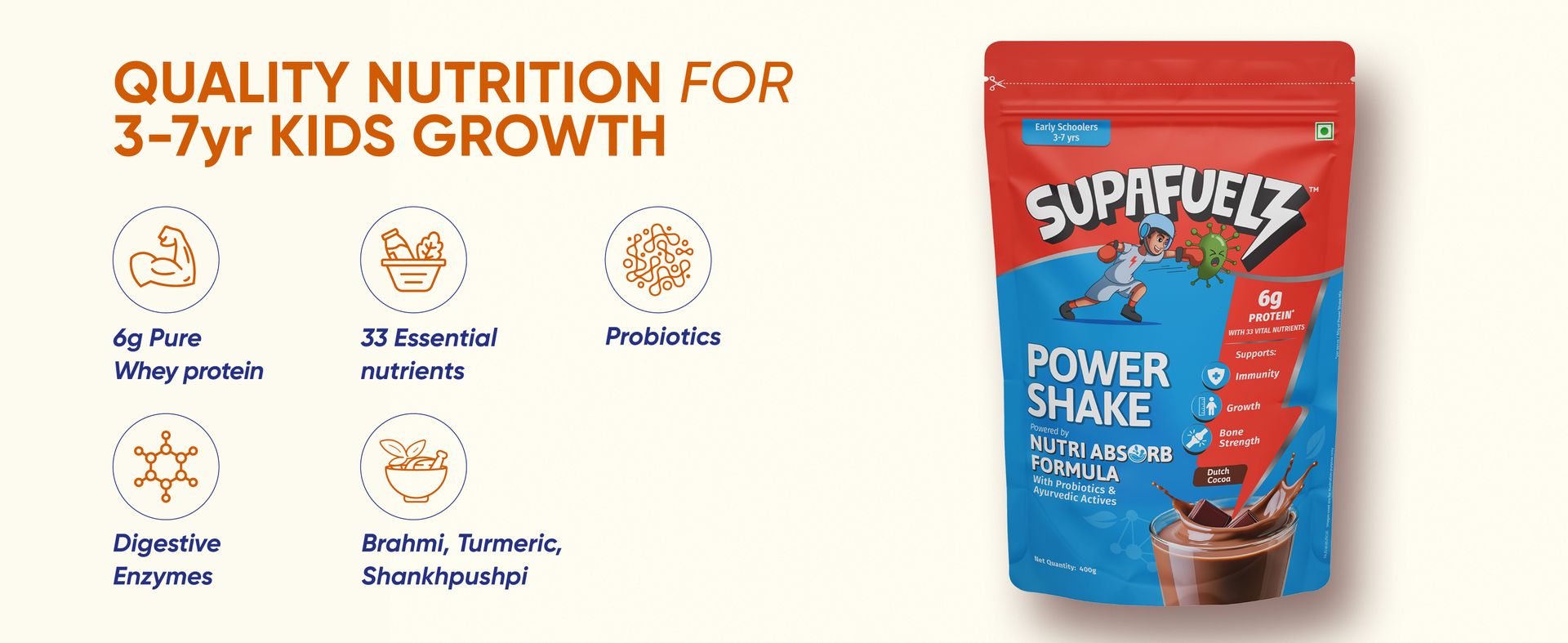 Supafuelz Power Shake 3-7yr kids | Height & Strength Drink | 6g Protein, 33 Nutrients, Probiotics, Ayurvedic Actives | Nutrition Support for Growth, Focus & Immunity | Chocolate 400g | Safe Nutrition Drink For Kids