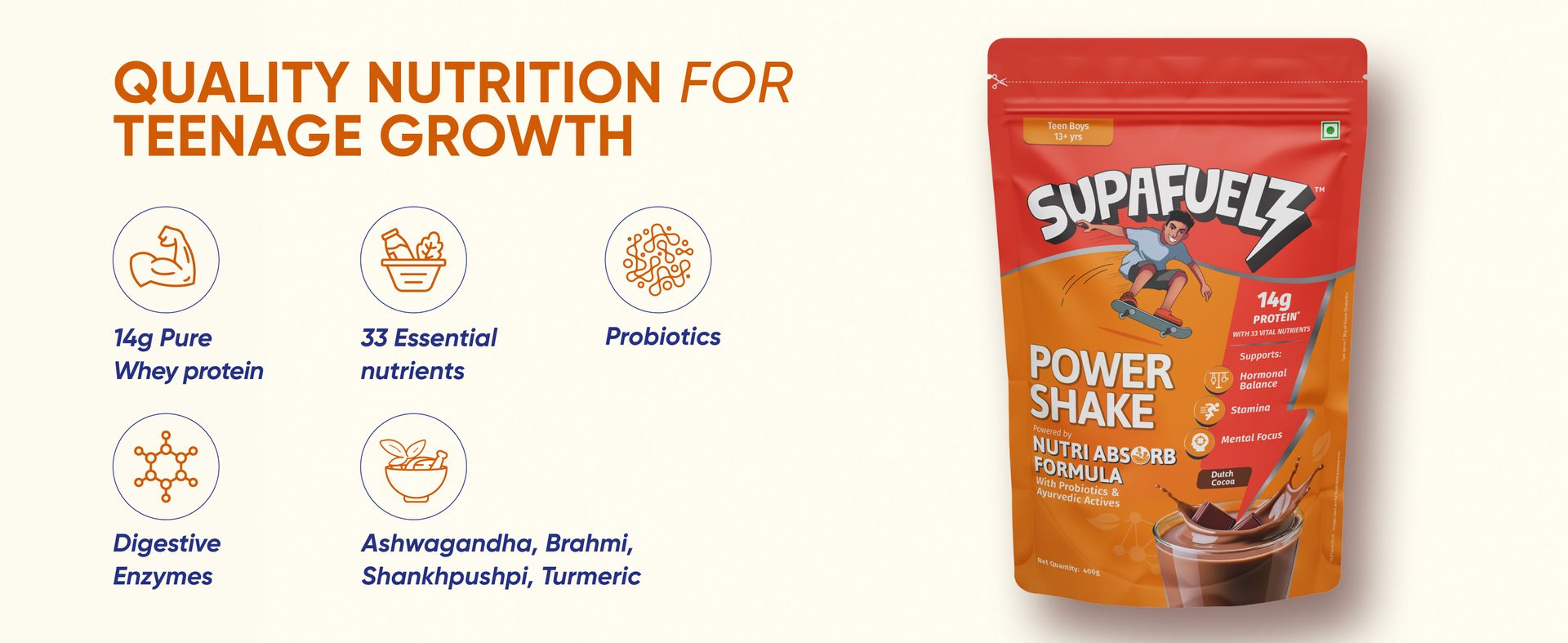 Power Shake Teen Boys (13+ Yrs) | Height & Strength Drink | 14g Protein, 33 Nutrients, Probiotics, Ayurveda| Daily Nutrition support for Height, Strength & Focus | Chocolate 400g | Safe Nutrition Drink For Teens