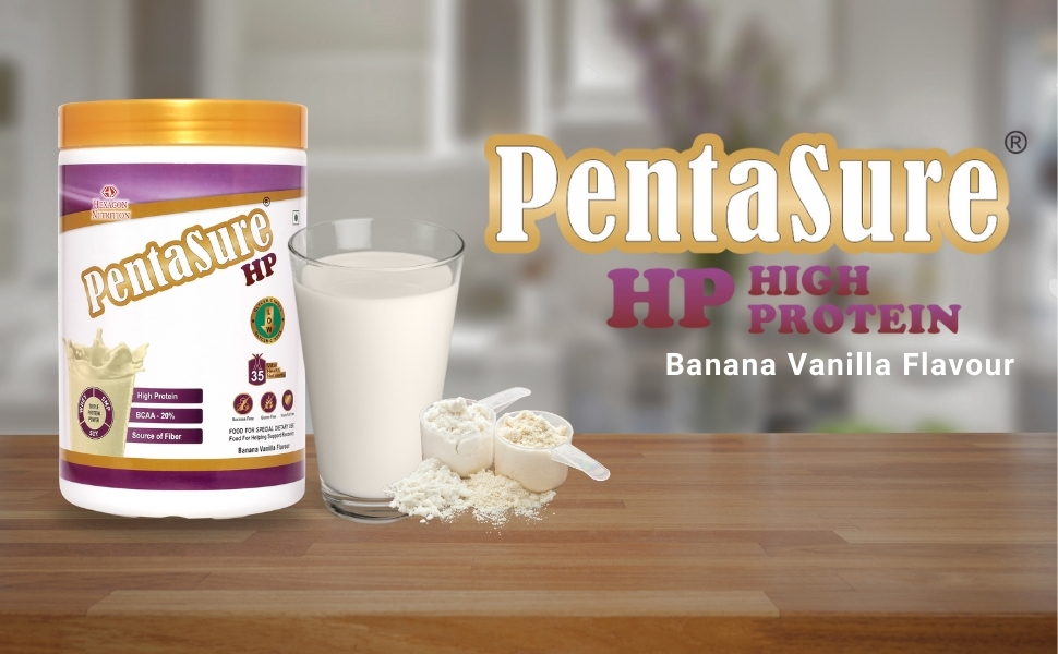 PentaSure HP Whey Protein Powder | Banana Vanilla Flavor – 1Kg | High Protein High Fiber Nutritional Supplement Drink | 45g Protein per 100g | Supports Muscle Strength, Recovery & Energy | Easy to Digest Formula for Daily Health & Fitness