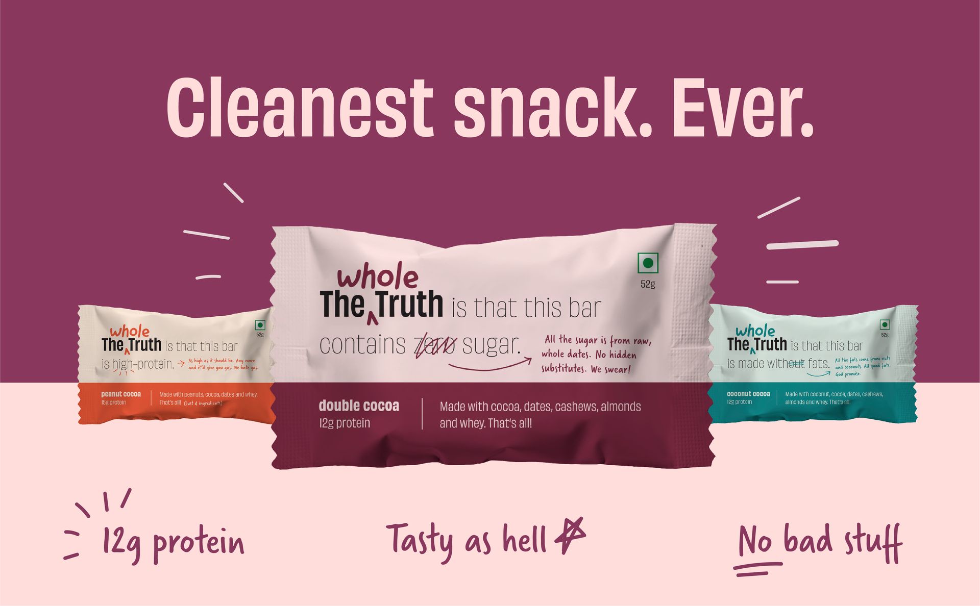 The Whole Truth - Protein Bars | Peanut Heavy (2 Double Cocoa Bars, 2 Peanut Cocoa, 2 Peanut Butter Bars) | Pack of 6 x 52g each | No Preservatives | No Gluten or Soy | All Natural