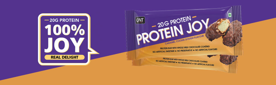 QNT Protein Joy Protein Bar; Caramel Cookie Dough;20 g Protein; Rich in Fibre; 100% Vegetarian | 6 x 70g Bars (420g Pack)