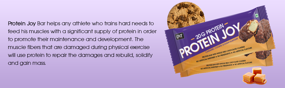 QNT Protein Joy Protein Bar; Caramel Cookie Dough;20 g Protein; Rich in Fibre; 100% Vegetarian | 6 x 70g Bars (420g Pack)