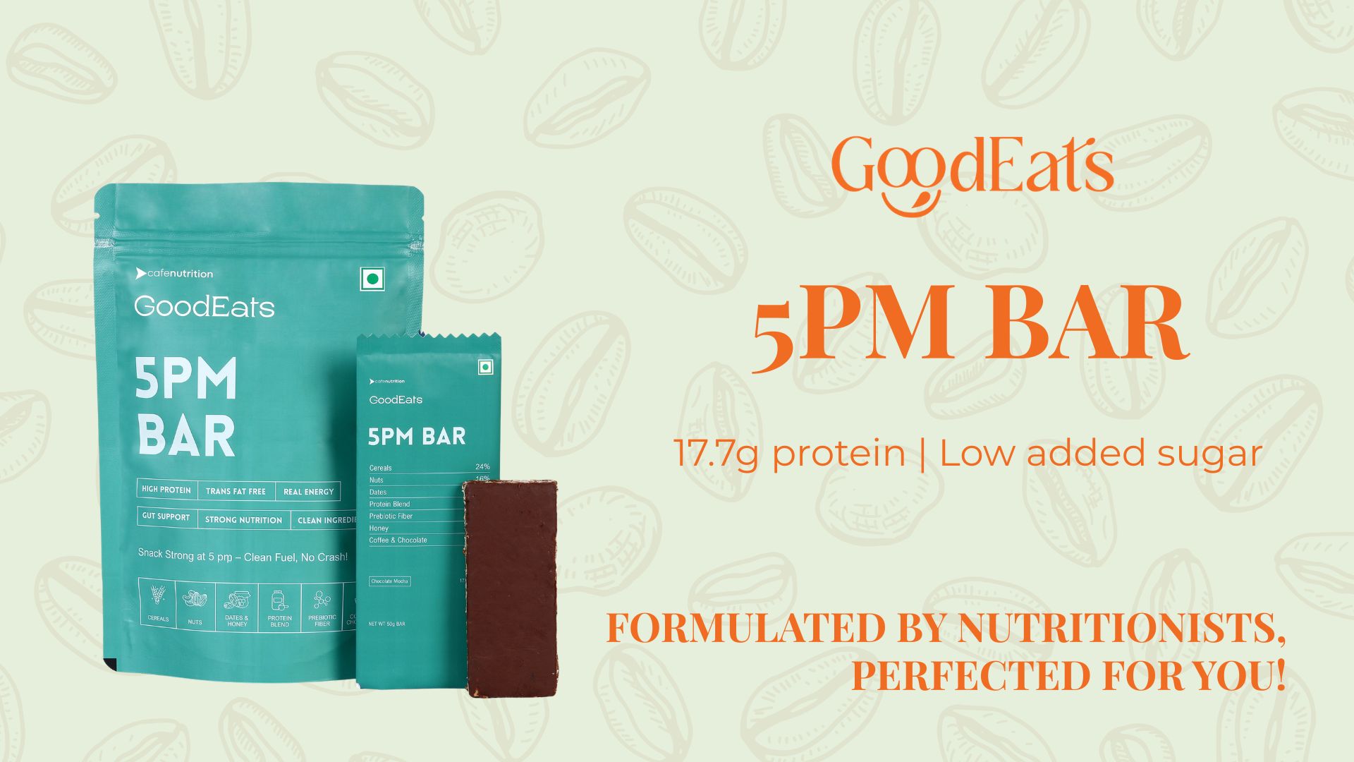 GoodEats 5PM Protein Bars | Oats & Jowar Bar with Nuts & Dates | 17.7g Protein (Per 50g) | Naturally Occuring Sugars | With Prebiotic Fiber | No Artificial Preservatives | 50g x 5
