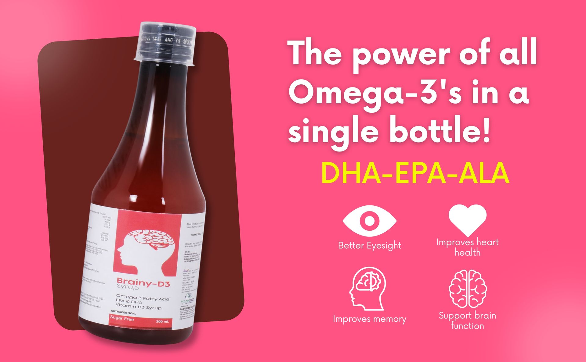 Brainy D3 Omega 3 Syrup for Kids DHA, EPA, Omega 3 6 9 with Multivitamins A, C, D, E | Brain Development & Memory Support | Vitamin A Syrup | Chocolate Flavour (300 gm)