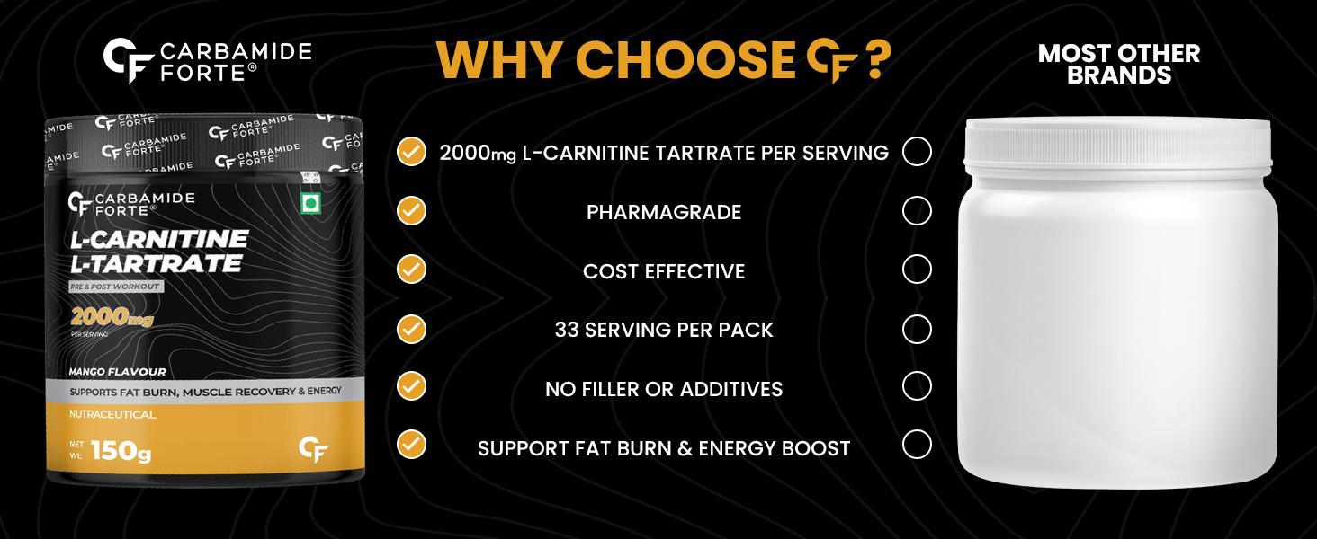 Carbamide Forte L Carnitine Powder For Men & Women | L Carnitine Tartrate Fat Burn & Muscle Recovery | L-Carnitine Powder Pre & Post Workout Supplement | Mango Flavour - 150g