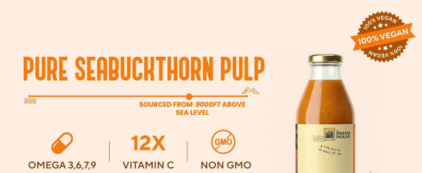 My Pahadi Dukan Vitamin C Himalayan Sea Buckthorn Berry Pulp Juice 300ml, More Vitamin C than Oranges & Amla, Rich in Omega & Antioxidants, Immunity & Collagen Boosting, Supports Skin, Gut, Heart