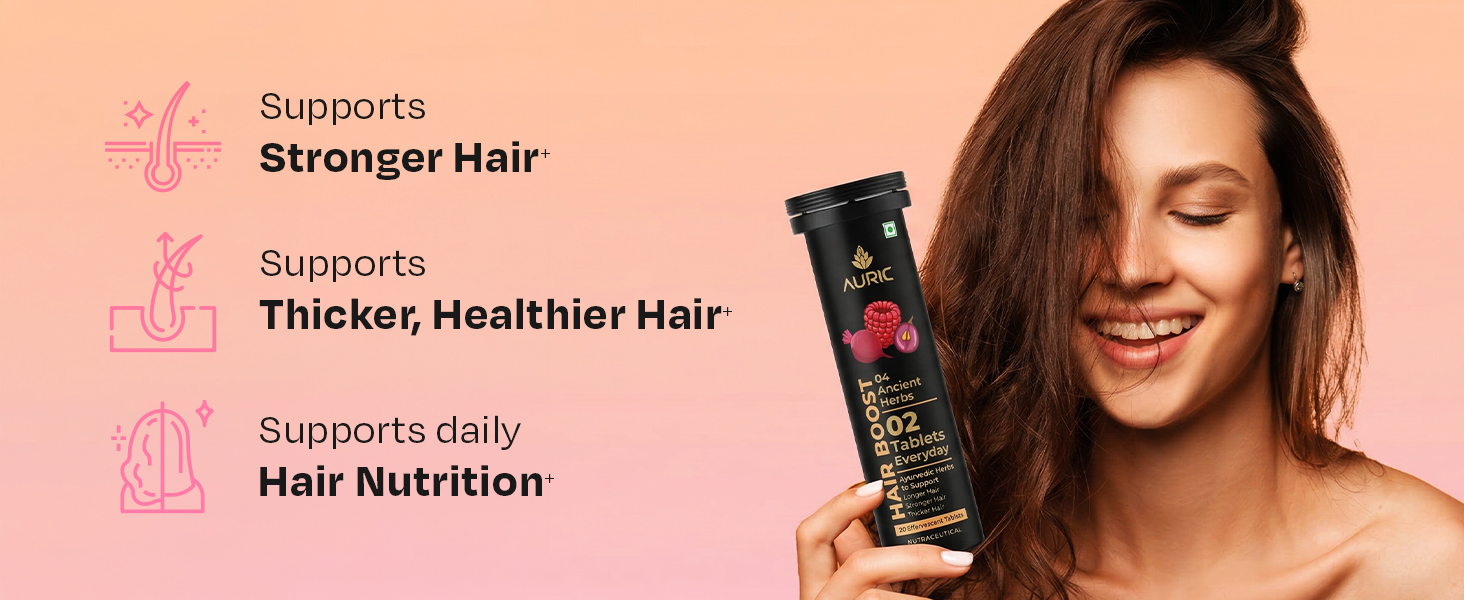 Auric Hair Boost Effervescent Tablets 40 Count | Ayurvedic Formula for Hair Fall Control | Biotin, Zinc, Beetroot & Grapeseed Extracts & Herbal Extracts | Hair Growth & Strength Support