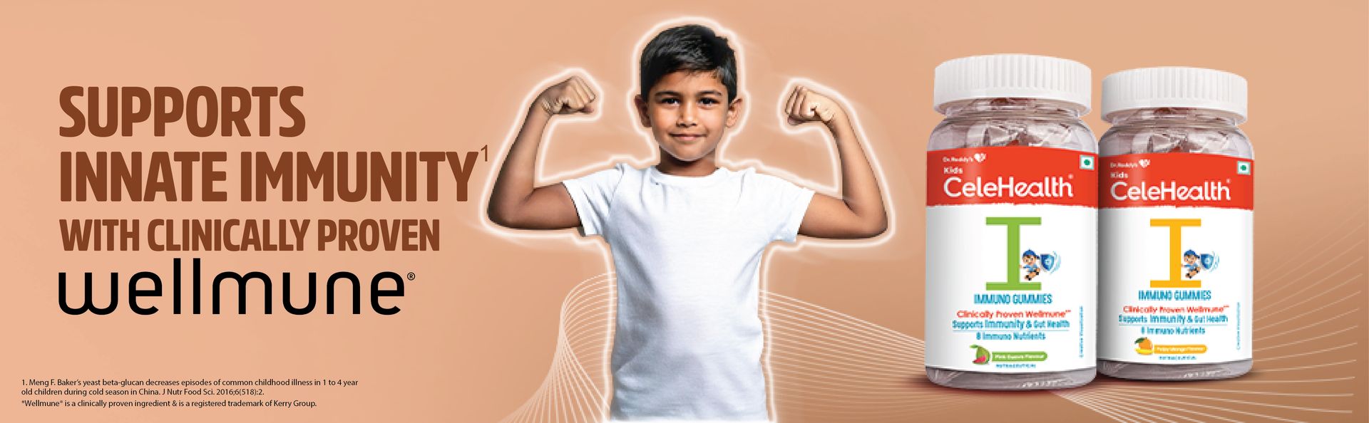 Dr. Reddy's Kids CeleHealth I Immunity Gummies with clinically proven wellmune, Vitamin C & Zinc for Kids (4-12 Years) | Pulpy Mango Flavour | 30 Gummies - Pack of 1